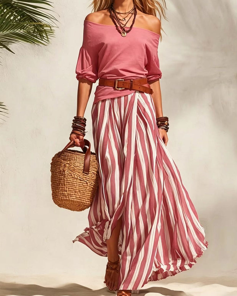 Madison | Conjunto con Falda Maxi de Rayas y Top de Hombros Descubiertos