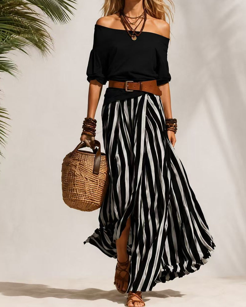 Madison | Conjunto con Falda Maxi de Rayas y Top de Hombros Descubiertos