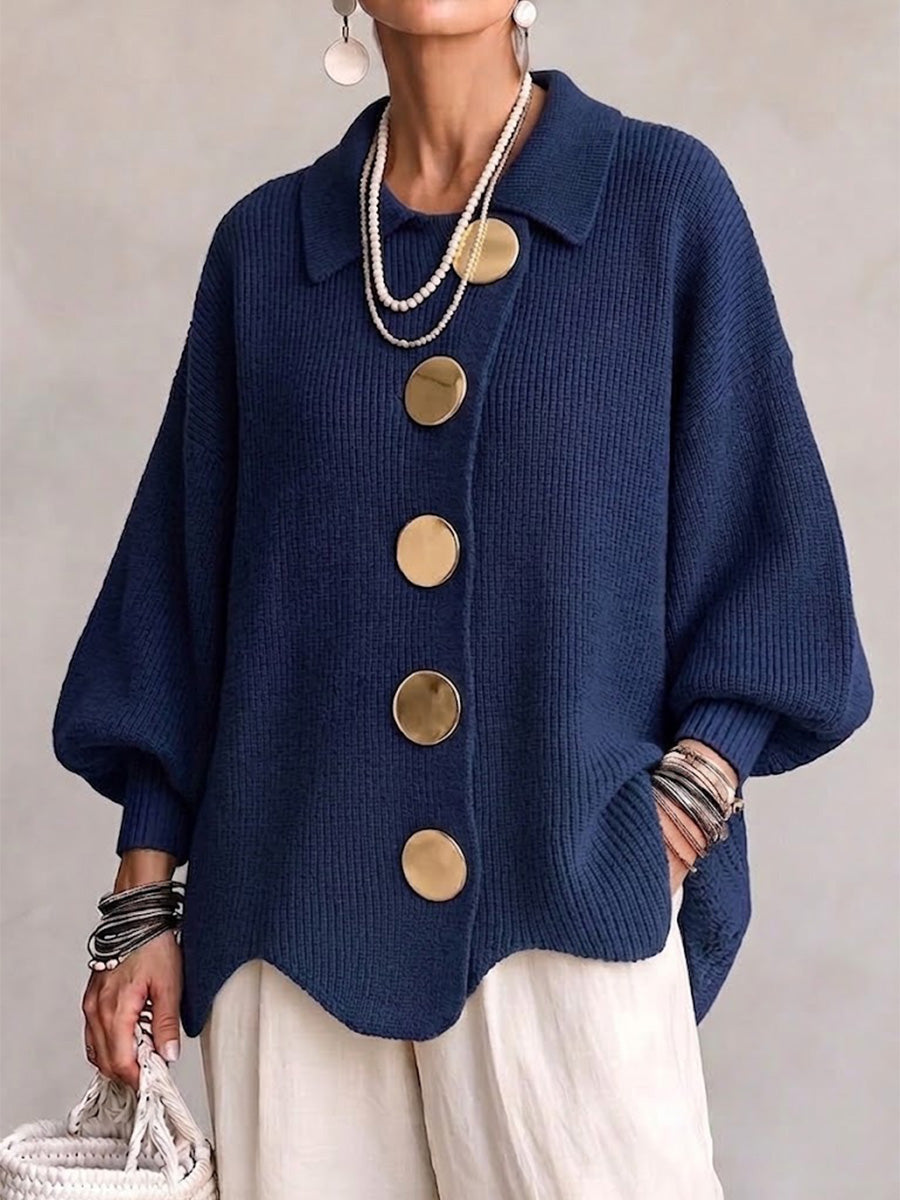 Isadora | Cárdigan Oversize con Cuello y Botones Metálicos Grandes